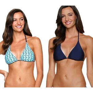 Helen Jon Palm Springs Reversible String Bathing Suit Bikini Top Navy Blue XS‎